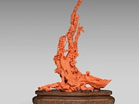 A chinese coral carving depicting 'one hundred birds on prunus', late qing, (coral only) weight about 510g - h 29 x l 21 cm