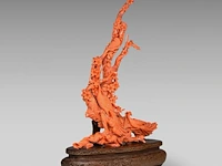 A chinese coral carving depicting 'one hundred birds on prunus', late qing, (coral only) weight about 510g - h 29 x l 21 cm - afbeelding 3 van  6