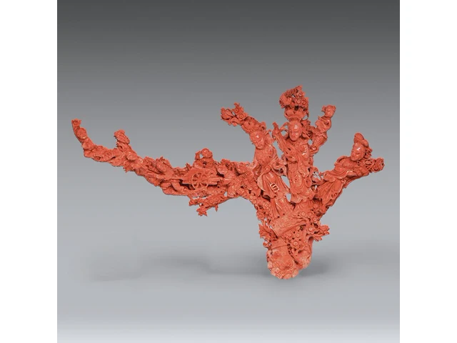 A chinese coral carving group of female immortals, late qing, l 45 cm - weight about 1863g - afbeelding 1 van  6