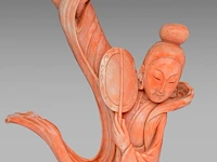 A chinese coral carving of a dancing lady, fixed on a wooden base, total weight 1040 g - afbeelding 7 van  7