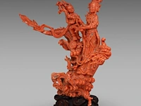 A chinese coral carving of guanyin on a dragon, republic period, (coral only) weight about 813 g - l 23,5 x h 22,5 cm - afbeelding 2 van  6