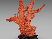 A chinese coral carving of guanyin on a dragon, republic period, (coral only) weight about 813 g - l 23,5 x h 22,5 cm - afbeelding 4 van  6