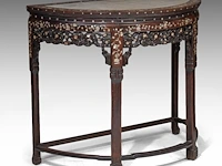 A chinese demi-lune hardwood side table, open-work carved and mother-of-pearl inlaid, late qing, h 88 - l 104 cm