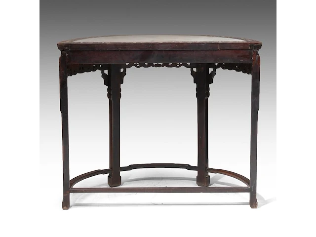 A chinese demi-lune hardwood side table, open-work carved and mother-of-pearl inlaid, late qing, h 88 - l 104 cm - afbeelding 4 van  6