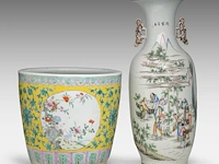A chinese famille jaune 'flower garden' planter, 19thc, h 32 - ø 35 cm - and a famille rose vase, a signed text, republic period, h 57 cm
