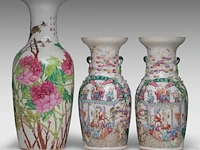 A chinese famille rose 'birds and flowers' vase, late 19thc, h 60,5 cm - a pair of famille rose 'the banquet' vases, 19thc, h 45 cm