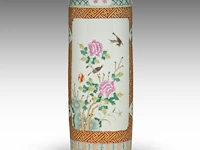 A chinese famille rose 'birds in a flower garden' umbrella stand, republic period, h 59 cm