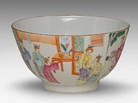 A chinese famille rose 'dignitaries in a chamber' bowl, incl. inscriptions, with a jiaqing mark, ø 11,4 - h 6,3 cm