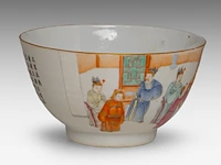 A chinese famille rose 'dignitaries in a chamber' bowl, incl. inscriptions, with a jiaqing mark, ø 11,4 - h 6,3 cm - afbeelding 4 van  6