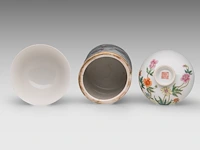A chinese famille rose 'flower garden' gaiwan lidded tea bowl - and a 'geese' brush pot, both marked daoguang mark, h 9,6 - 13 cm - afbeelding 6 van  7