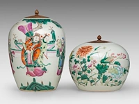 A chinese famille rose 'fu lu shou xing' and a 'grasshopper in a flower garden' ginger jar, late qing, total h 21,3 - 31,2 cm