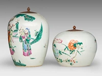 A chinese famille rose 'fu lu shou xing' and a 'grasshopper in a flower garden' ginger jar, late qing, total h 21,3 - 31,2 cm - afbeelding 3 van  7