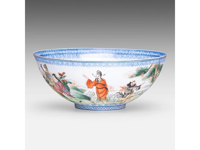 A chinese famille rose 'immortals' egg-shell porcelain bowl, marked, 20thc, h 9 - ø 22 cm - afbeelding 3 van  7