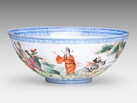 A chinese famille rose 'immortals' egg-shell porcelain bowl, marked, 20thc, h 9 - ø 22 cm - afbeelding 3 van  7