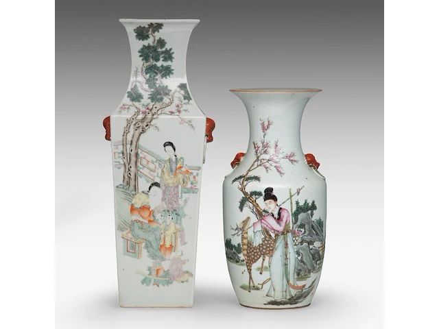 A chinese famille rose quadrangular fanghu vase and a 'magu and deer' vase, both paired with lion head handles, republic period, h 43 - 56,5 cm - afbeelding 1 van  6
