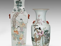 A chinese famille rose quadrangular fanghu vase and a 'magu and deer' vase, both paired with lion head handles, republic period, h 43 - 56,5 cm