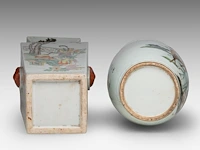 A chinese famille rose quadrangular fanghu vase and a 'magu and deer' vase, both paired with lion head handles, republic period, h 43 - 56,5 cm - afbeelding 6 van  6