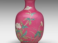 A chinese famille rose 'rose and aster' on ruby pink ground vase, marked, republic period, h 17 cm