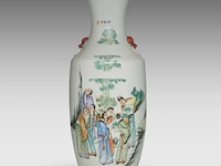 A chinese famille rose 'sages in bamboo grove' vase, paired with lion head handles, signed text, republic period, h 59,5 cm