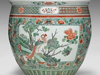 A chinese famille verte 'birds in garden' jardinière, late 19thc, h 35 - ø 39 cm
