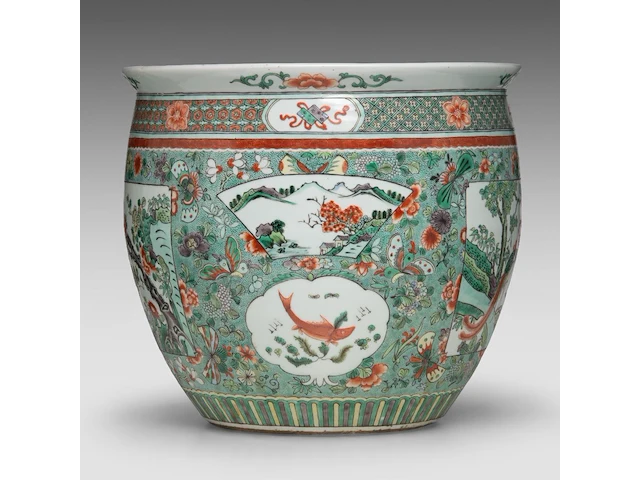 A chinese famille verte 'birds in garden' jardinière, late 19thc, h 35 - ø 39 cm - afbeelding 4 van  6