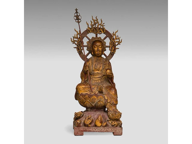 A chinese gilt and polychrome-painted wooden sculpture of ksitigarbha, 19thc, total h 64,5 cm - afbeelding 1 van  8
