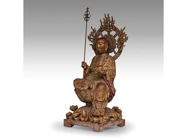 A chinese gilt and polychrome-painted wooden sculpture of ksitigarbha, 19thc, total h 64,5 cm - afbeelding 2 van  8