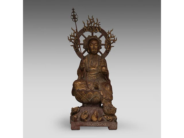 A chinese gilt and polychrome-painted wooden sculpture of ksitigarbha, 19thc, total h 64,5 cm - afbeelding 3 van  8