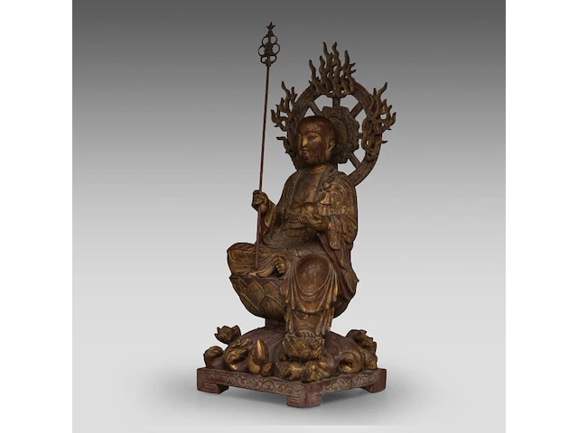 A chinese gilt and polychrome-painted wooden sculpture of ksitigarbha, 19thc, total h 64,5 cm - afbeelding 4 van  8