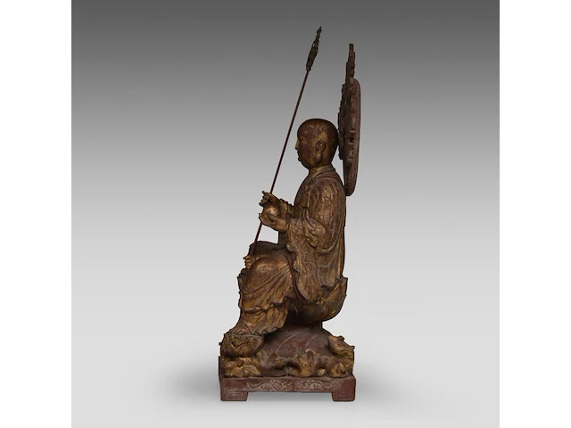 A chinese gilt and polychrome-painted wooden sculpture of ksitigarbha, 19thc, total h 64,5 cm - afbeelding 5 van  8
