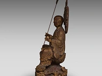 A chinese gilt and polychrome-painted wooden sculpture of ksitigarbha, 19thc, total h 64,5 cm - afbeelding 5 van  8