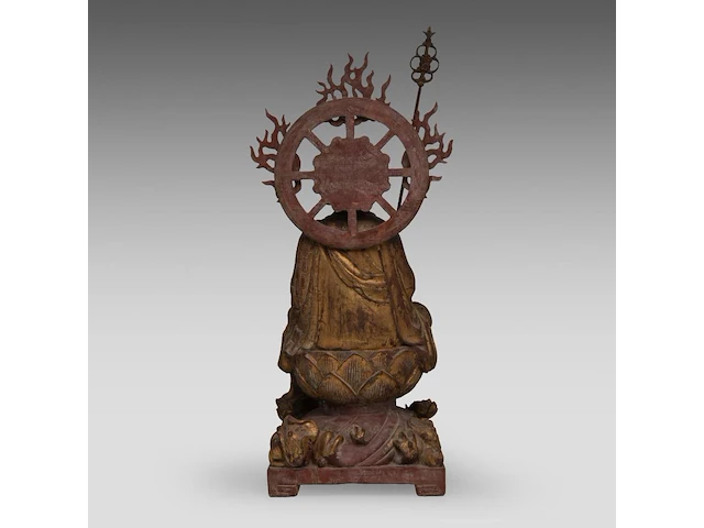 A chinese gilt and polychrome-painted wooden sculpture of ksitigarbha, 19thc, total h 64,5 cm - afbeelding 6 van  8
