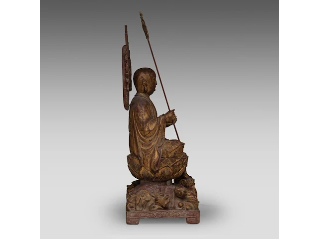 A chinese gilt and polychrome-painted wooden sculpture of ksitigarbha, 19thc, total h 64,5 cm - afbeelding 7 van  8
