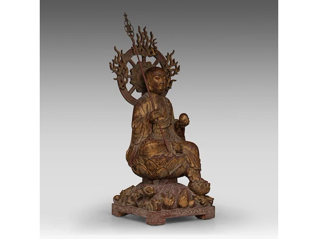 A chinese gilt and polychrome-painted wooden sculpture of ksitigarbha, 19thc, total h 64,5 cm - afbeelding 8 van  8