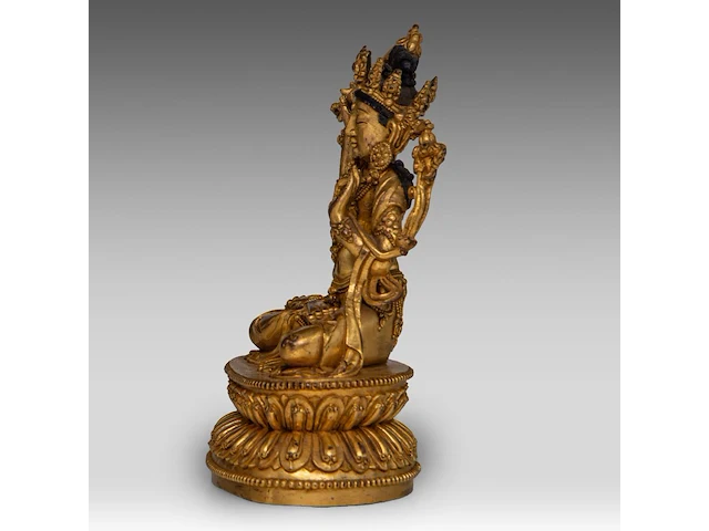 A chinese gilt bronze figure of manjushri, with a yongle mark, h 17,5 cm - weight about 1189g - afbeelding 5 van  7