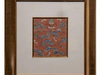 A chinese kesi silk weave 'bats and clouds' fragment, qing dynasty, framed 64 x 69 cm