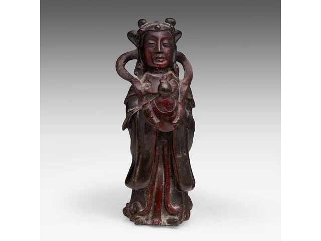 A chinese lacquered bronze figure of lan caihe, late ming dynasty, h 19,7 cm - weight 1473g - afbeelding 1 van  8