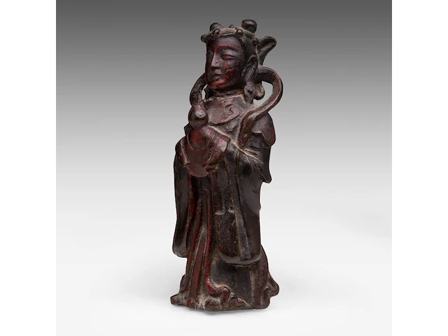 A chinese lacquered bronze figure of lan caihe, late ming dynasty, h 19,7 cm - weight 1473g - afbeelding 2 van  8