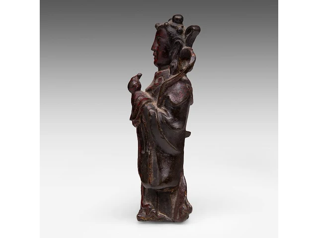 A chinese lacquered bronze figure of lan caihe, late ming dynasty, h 19,7 cm - weight 1473g - afbeelding 3 van  8