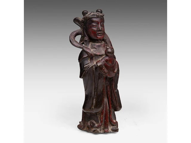 A chinese lacquered bronze figure of lan caihe, late ming dynasty, h 19,7 cm - weight 1473g - afbeelding 6 van  8
