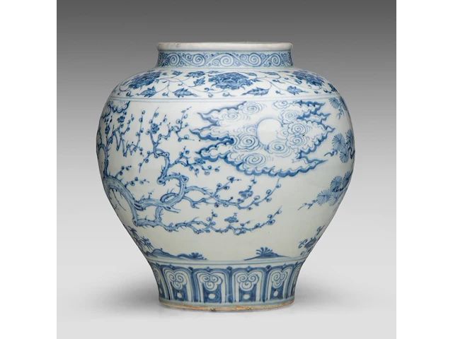 A chinese ming blue and white 'three friends of winter' jar, h 34,5 cm - afbeelding 2 van  7