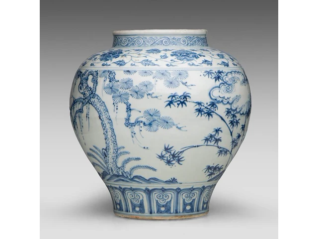 A chinese ming blue and white 'three friends of winter' jar, h 34,5 cm - afbeelding 4 van  7