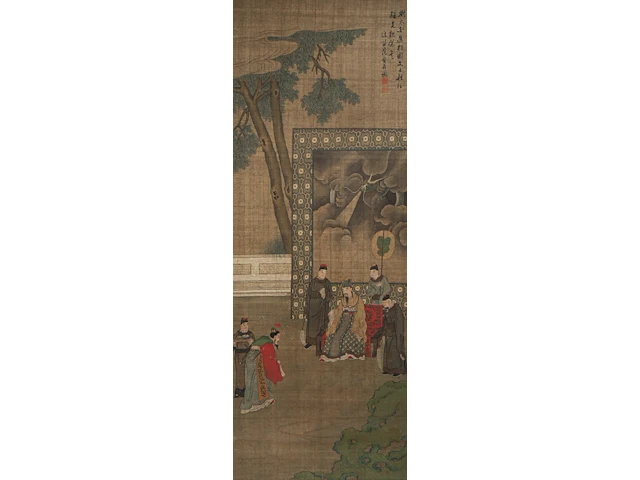 A chinese ming-style painting, 'a visit to the emperor', colour on silk, late 19thc, framed 74,5 x 161 cm - afbeelding 1 van  6