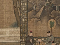 A chinese ming-style painting, 'a visit to the emperor', colour on silk, late 19thc, framed 74,5 x 161 cm