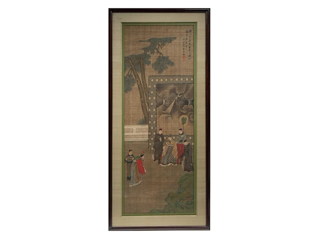 A chinese ming-style painting, 'a visit to the emperor', colour on silk, late 19thc, framed 74,5 x 161 cm - afbeelding 2 van  6