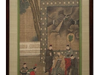 A chinese ming-style painting, 'a visit to the emperor', colour on silk, late 19thc, framed 74,5 x 161 cm - afbeelding 2 van  6
