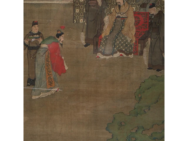 A chinese ming-style painting, 'a visit to the emperor', colour on silk, late 19thc, framed 74,5 x 161 cm - afbeelding 4 van  6