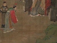 A chinese ming-style painting, 'a visit to the emperor', colour on silk, late 19thc, framed 74,5 x 161 cm - afbeelding 4 van  6
