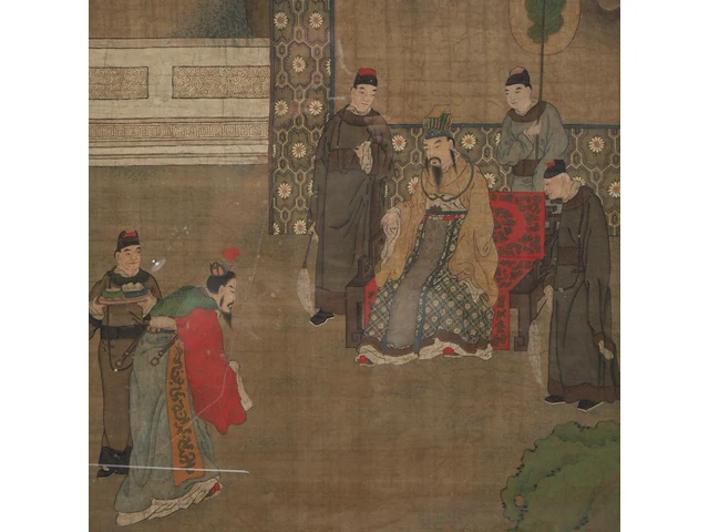A chinese ming-style painting, 'a visit to the emperor', colour on silk, late 19thc, framed 74,5 x 161 cm - afbeelding 5 van  6