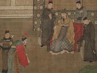 A chinese ming-style painting, 'a visit to the emperor', colour on silk, late 19thc, framed 74,5 x 161 cm - afbeelding 5 van  6